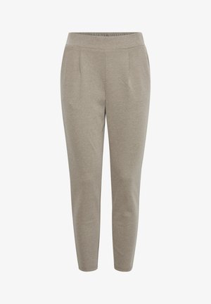 Lys grå, tapered bukser med en blød tekstur, elastisk talje og frontfolder. Har ingen synlige lommer eller distinctive hardware.