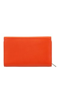 Portafoglio in pelle arancione con texture liscia, forma rettangolare e angoli arrotondati. Presenta una chiusura con zip e un accento hardware discreto.
