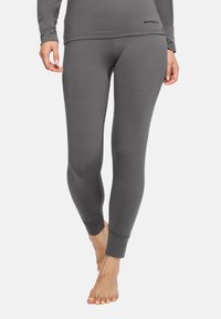 Szare legginsy z elastycznego materiału, dopasowany krój, gładka tekstura, sięgające do kostek z mankietami i subtelnym logo.