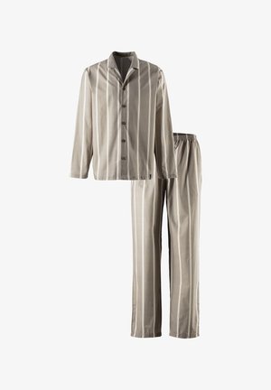 Light gray striped pajamas made of soft fabric, featuring a button-up shirt with a collar and elastic waistband pants.