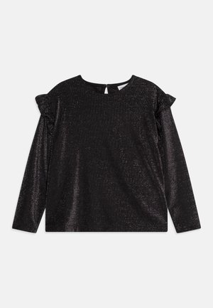 Črna dolga majica z dolgimi rokavi in sijajnim, teksturiranim zaključkom, ki ima naborke na ramenih in ključavnico na hrbtni strani.