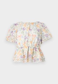 Blomstret peplum-bluse i gennemsigtigt stof med pastelfarvede blomster i orange, lilla og grøn. Korte puffærmer og samlede hals.