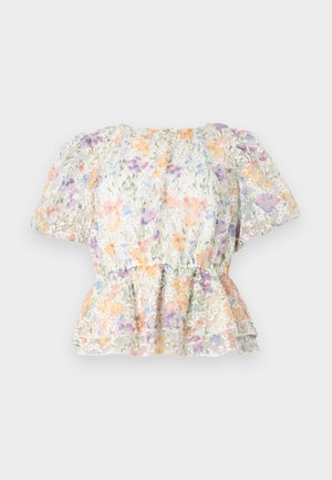 Cvečni peplum bluzon iz prozorne tkanine, s pastelno cvetje v oranžni, vijolični in zeleni barvi. Kratki napihnjeni rokavi in nabran ovratnik.