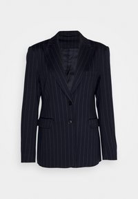 Blazer noir à fines rayures avec deux boutons, revers crantés, poches à rabat et une poche poitrine, présenté sur fond blanc.