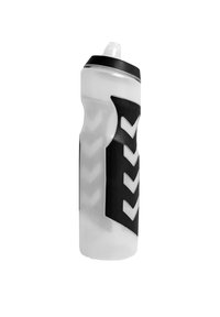 Klar sportsvandsflaske med tekstureret sort greb og chevron-design. Har en sort top med en træk-kap og en skubbar krop.