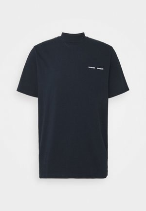 Kortermet T-skjorte med høy hals i mørk marinebomull med en minimalistisk hvit logo på brystet, som har en glatt tekstur og vanlig passform.