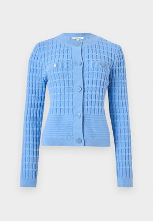 Light blue knitted cardigan with a textured pattern, round neck, and long sleeves. Features metallic buttons and two chest pockets.