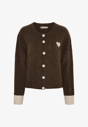 Brun ullkofta med ribbad nederkant och muddar. Har vita knappar och en liten vit hjärtdetalj på vänster sida.