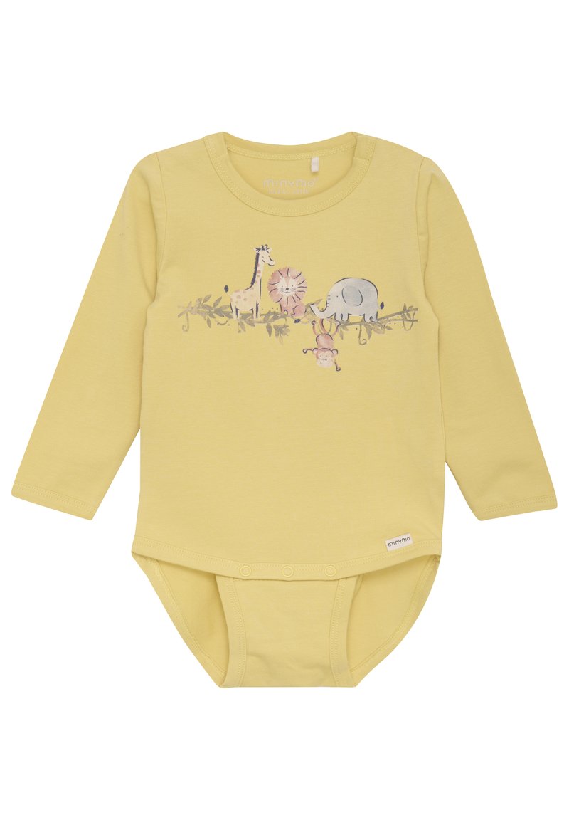Langærmet gul body lavet af økologisk bomuld med en forside-illustration af en giraf, løve, elefant og abe på en gren.