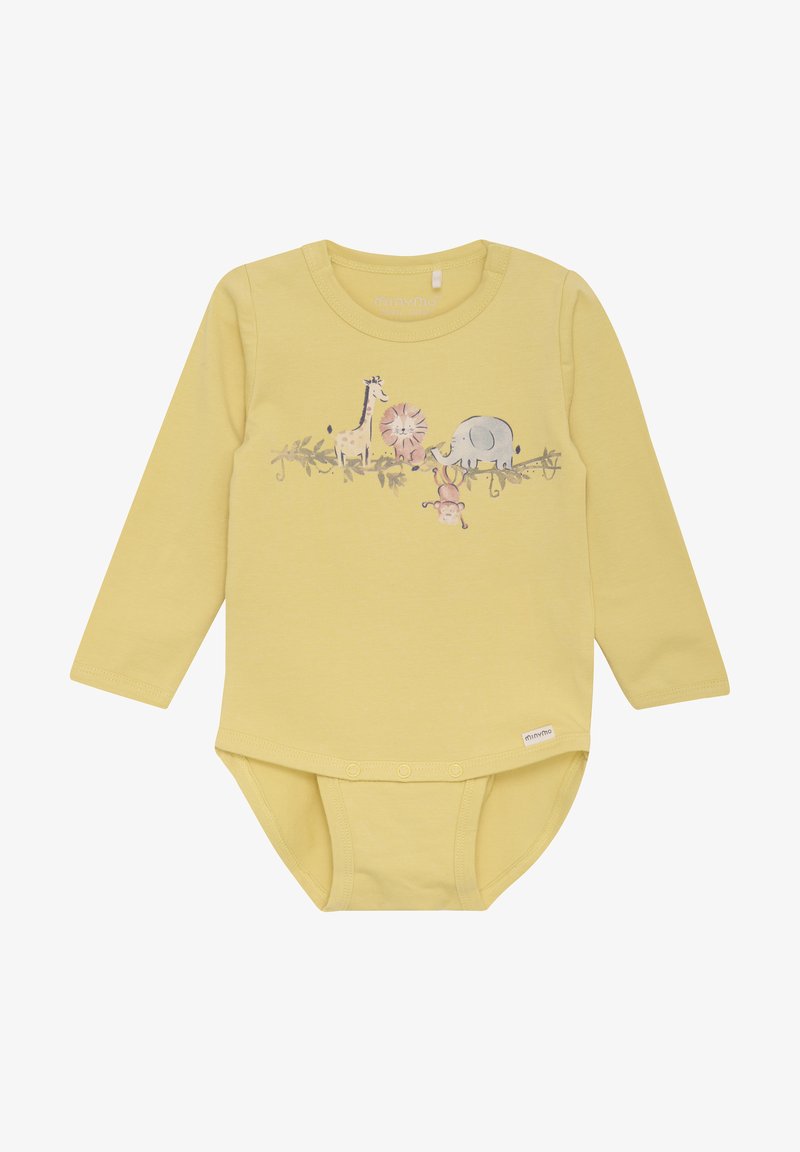 Long-sleeve yellow bodysuit made of organic cotton featuring a front illustration of a giraffe, lion, elephant, and monkey on a branch.