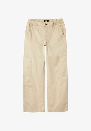 Beige cargo kalhoty s volným střihem, elastickým pasem, zapínáním na knoflík a dvěma bočními kapsami s kvadratickými nášivkami na každé noze.