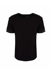 T-shirt nera a maniche corte con scollatura rotonda, caratterizzata da risvolti a contrasto e una texture morbida e liscia. Design semplice e classico.