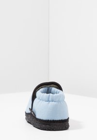 Světle modrý měkký textilní pantofel s nařaseným lemem a černou gumovou podrážkou. Jednoduchý design, bez vzorů a ozdob. Pohled zezadu.