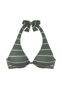 Žalias juostuotas bikini viršus su kaklo juostele ir kaspinėlio detale. Medžiaga yra minkšta ir glotni, su horizontaliomis šviesios spalvos juostelėmis.