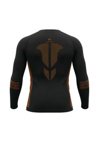 Long-sleeve black performance shirt with orange accents and dotted pattern on the back. Features a fitted design and textured fabric.