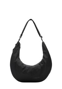 Schwarze Hobo-Tasche aus weichem Stoff, mit geschwungener Form, verstellbarem Tragegurt und Reißverschluss. Logo "LIEBESKIND" auf der Vorderseite gedruckt.