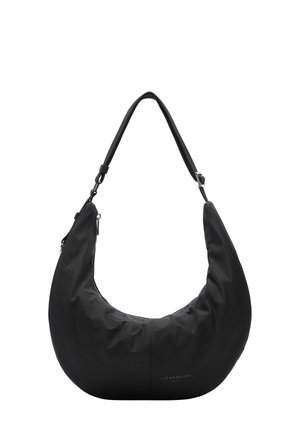 Borsa hobo nera realizzata in morbido tessuto, caratterizzata da una forma curvata, tracolla regolabile e chiusura a zip. Logo "LIEBESKIND" stampato sul davanti.