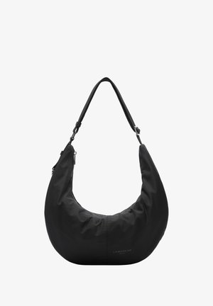 Schwarze Hobo-Tasche aus weichem Stoff, mit geschwungener Form, verstellbarem Tragegurt und Reißverschluss. Logo "LIEBESKIND" auf der Vorderseite gedruckt.