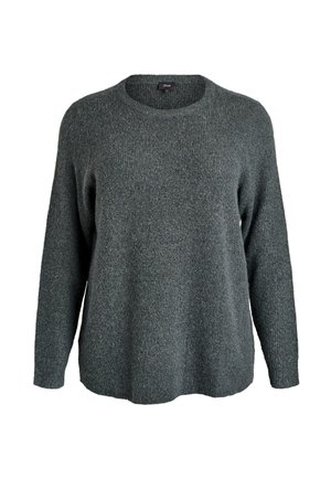 Dark green knitted sweater with a round neckline, long sleeves, and a relaxed fit. Textured fabric with a soft, warm appearance.