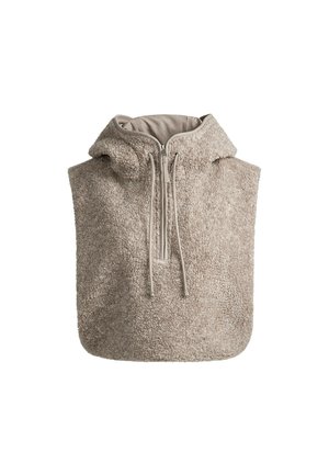 Beige mouwloos fleecevest met een ritssluiting aan de voorkant en trekkoorden bij de hoge kraag, ontworpen voor warmte en comfort.