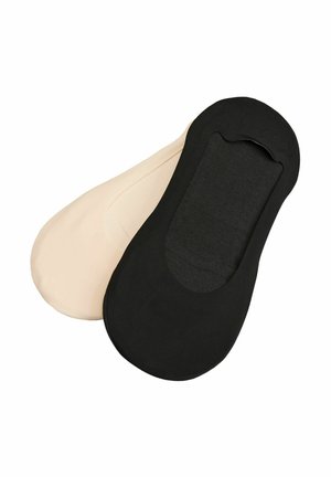 Dwie wkładki do niskich skarpetek typu no-show, jedna czarna, a druga beżowa, nałożone na siebie na białym tle.