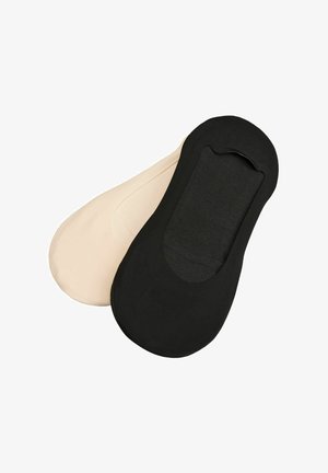 Dwie wkładki do niskich skarpetek typu no-show, jedna czarna, a druga beżowa, nałożone na siebie na białym tle.