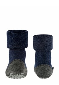 Marineblaue gestrickte Socken mit umklappbarem Bündchen, ausgestattet mit einer grauen, strukturierten Sohle mit Grip-Punkten für besseren Halt.