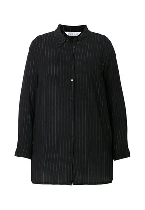 Camicia nera con strisce argento verticali, maniche lunghe, bottoni frontali e colletto. Tessuto morbido con una leggera trasparenza e orlo arrotondato.