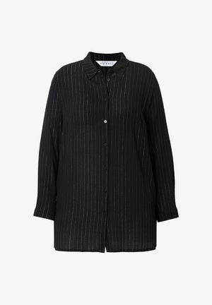 Schwarzes Hemd mit vertikalen silbernen Streifen, langen Ärmeln, Knopfleiste und Kragen. Weicher Stoff mit leicht transparenter Textur und abgerundetem Saum.
