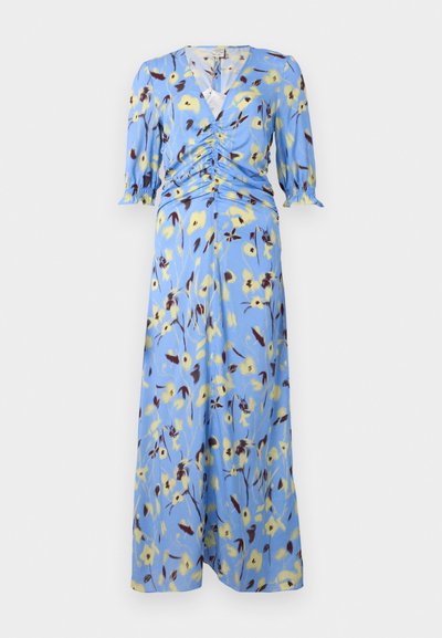 Modra cvetlična midi obleka z ovitim dizajnom, nabranimi detajli v pasu in tridelnimi rokavi z elastičnimi manšeti.