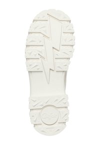 Semelle de chaussure en caoutchouc blanc avec des rainures profondes, motif d'éclair au centre, empreinte de logo circulaire et numéro de taille 38 au talon.