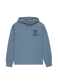 Felpa in cotone blu con tasca frontale, cappuccio con cordino e la scritta "RIDE THE RAILS" stampata in nero sulla parte sinistra del petto.