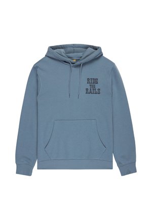 Blue cotton hoodie with a front pocket, drawstring hood, and the text "RIDE THE RAILS" printed in black on the left chest area.