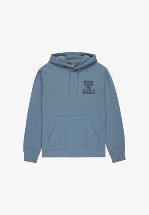 Niebieska bawełniana bluza z kapturem, z przednią kieszenią, sznurkiem do ściągania i napisem "RIDE THE RAILS" nadrukowanym na czarno w lewym górnym rogu.
