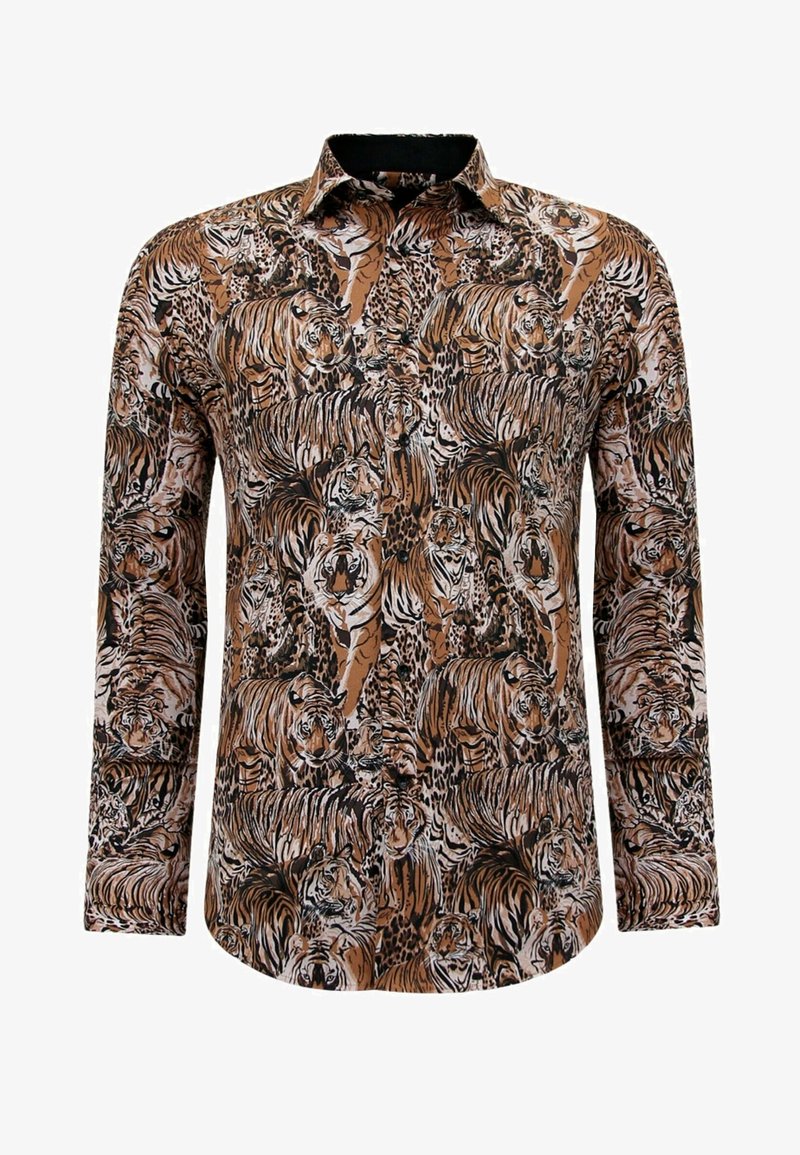 Langarmhemd met een bruine en zwarte tijgerprint. Gemaakt van een stof met een gladde textuur en een standaard kraagontwerp.