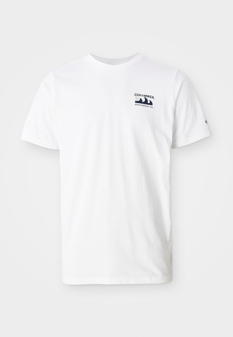 Biała bawełniana koszulka z krótkim rękawem. Posiada granatowe logo na lewej piersi. Prosty krój z okrągłym dekoltem, gładka tekstura.