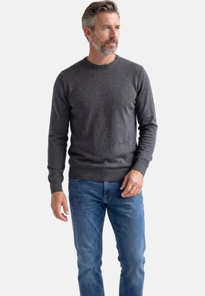 Mittelalter Mann mit grauem Bart, der einen dunkelgrauen langärmligen Pullover und blaue Jeans trägt, vor einem einfarbigen hellen Hintergrund stehend.