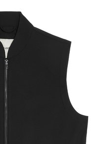 Svart ärmlös väst med ett mjukt tyg, hög krage och en central dragkedja. Minimalistisk design med rena linjer och inga ytterligare dekorationer.