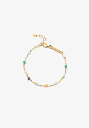 Złota bransoletka łańcuszkowa z różnorodnymi koralikami w odcieniach niebieskiego, zielonego, białego, pomarańczowego i fioletowego, z zapięciem typu lobster i regulacją długości.