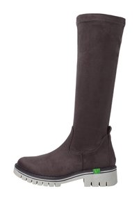 Bota de ante gris oscuro hasta la rodilla con punta redonda, paneles elásticos laterales y suela de goma blanca con un acento de logo verde.