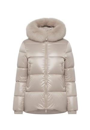 Giacca puffy di un beige chiaro con cuciture orizzontali, chiusura frontale con zip e un grande colletto in pelliccia sintetica per ulteriore calore. Due tasche laterali.