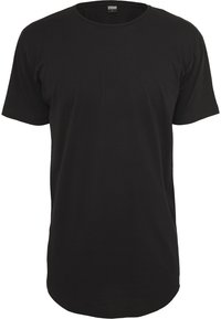 Black short-sleeve t-shirt made of cotton. Features a round neck and a straight cut with a slightly longer back hem. Soft texture.