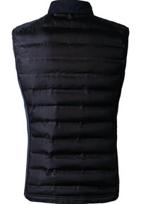 Svart puffer väst med en slät, kviltad yta, horisontell sömnad, ståkrage och en stilren, lätt design.