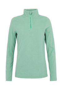 Polaire à manches longues pour femme, de couleur vert clair, avec un col montant et une courte fermeture éclair à l'avant.