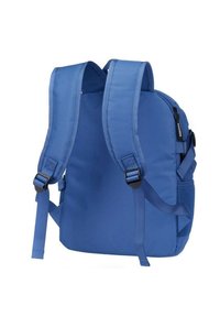 Blauer Rucksack mit elegantem Design, ausgestattet mit gepolsterten Schultergurten, einer seitlichen Netzstasche und einer glatten Stofftextur.