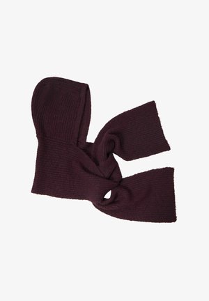 Vyno spalvos šalikas su tekstūruotu mezgimo raštu, turintis gobtuvą ir plačius galus, suveržtus mazgu centre patogiam nešiojimui.