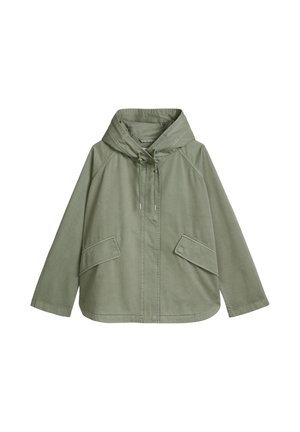 Jasnozielona kurtka z kapturem, zapinana na przedni zamek, z regulowanym sznurkiem i dwoma skośnymi kieszeniami z patkami.