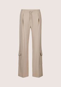 Beige wijde broek met een drawstring taille, voorplooien en zijvakjes. Gemaakt van een gladde, textuurstof.