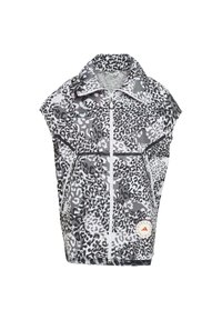 Leopardmönstrad poncho i gråa och vita nyanser, med hög krage och främre dragkedja, samt en cirkulär logotypapplikation vid fållen.