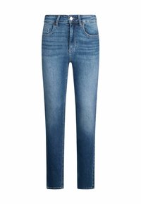 Jean en denim bleu avec une taille haute, bouton et fermeture éclair à l'avant, poches avant et arrière, et détails subtilement délavés sur les jambes.